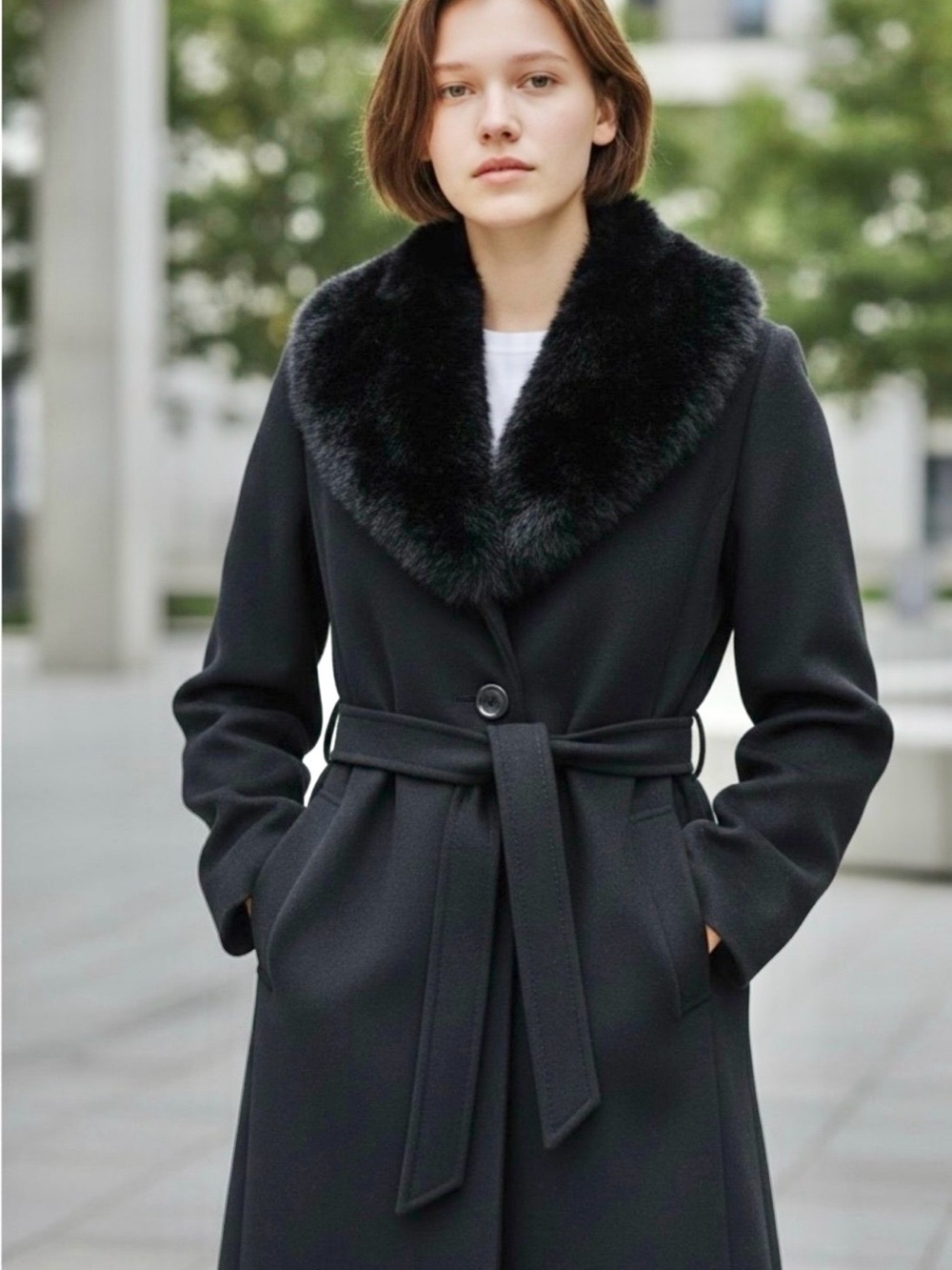 kate spade Black Belted Coat with Detachable Faux Fur Collar-XL-Like New